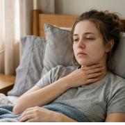 Erschöpfte junge Frau liegt krank im Bett, hält Hand an den schmerzenden Hals. Im Hintergrund Taschentücher, Wasserglas und Fieberthermometer. Visuelle Darstellung von [[Halsschmerzen/></p><p>Das <strong>Pfeiffersche Dr&uuml;senfieber</strong> ist eine ansteckende Virusinfektion, die meist durch das Epstein-Barr-Virus (EBV) ausgel&ouml;st wird. Typisch sind <a title=