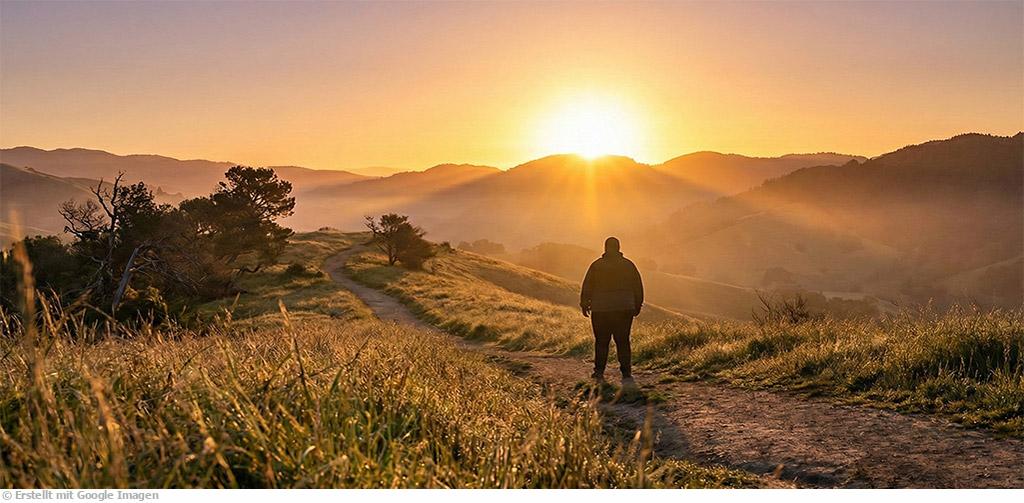 Eine kräftige Person steht von hinten gesehen auf einem unbefestigten Pfad auf einem Hügel und blickt in Richtung eines hellen, goldenen Sonnenaufgangs, der über einer weiten, hügeligen Landschaft mit nebligen Tälern aufgeht. Das hohe Gras im Vordergrund ist von warmem Licht beleuchtet.